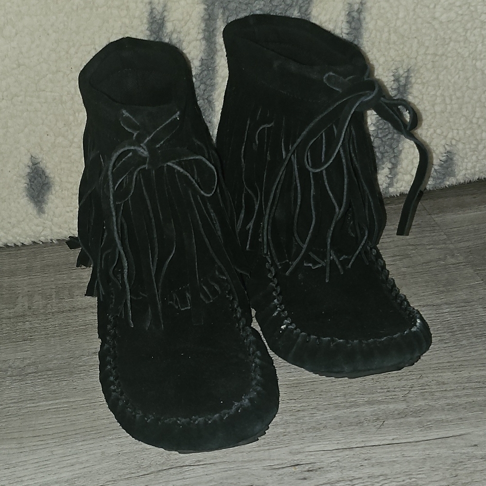 Aldo Black Moccasins with Ankle Fringe